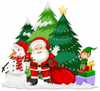 Christmas scene, Trees, snowman, Santa, and an elf with presents