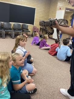 Students looking at a snake